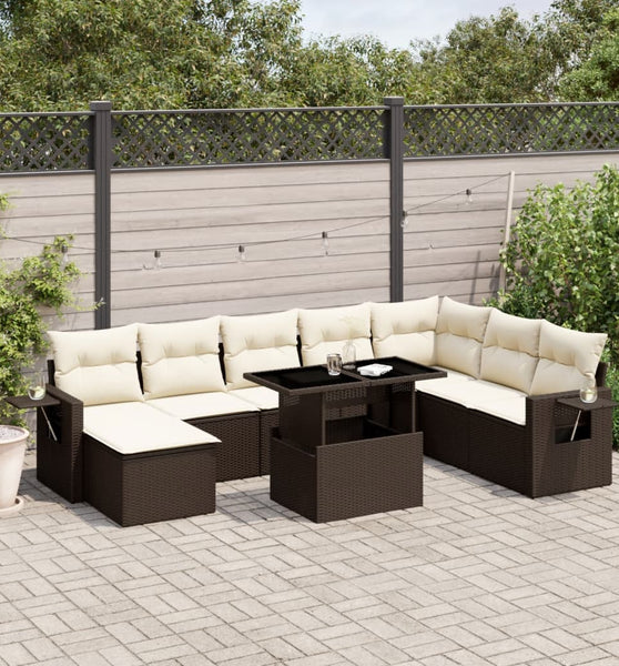 9-tlg. Garten-Sofagarnitur mit Kissen Braun Poly Rattan