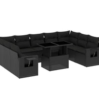 10-tlg. Garten-Sofagarnitur mit Kissen Schwarz Poly Rattan