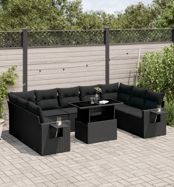 10-tlg. Garten-Sofagarnitur mit Kissen Schwarz Poly Rattan