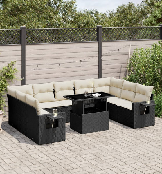 10-tlg. Garten-Sofagarnitur mit Kissen Schwarz Poly Rattan
