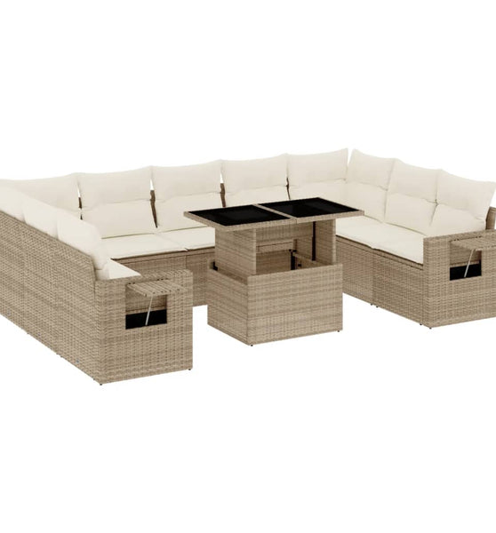 10-tlg. Garten-Sofagarnitur mit Kissen Beige Poly Rattan