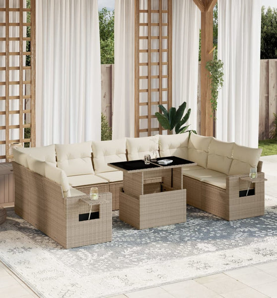 10-tlg. Garten-Sofagarnitur mit Kissen Beige Poly Rattan