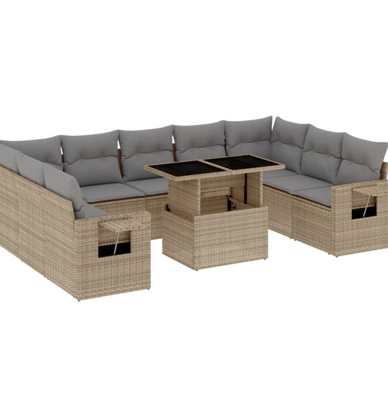 10-tlg. Garten-Sofagarnitur mit Kissen Beige Poly Rattan
