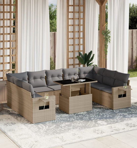 10-tlg. Garten-Sofagarnitur mit Kissen Beige Poly Rattan