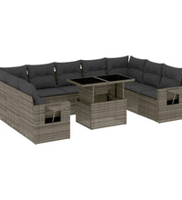 10-tlg. Garten-Sofagarnitur mit Kissen Grau Poly Rattan