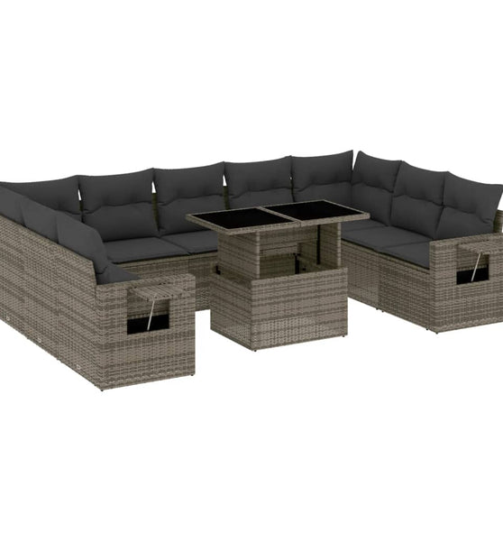 10-tlg. Garten-Sofagarnitur mit Kissen Grau Poly Rattan
