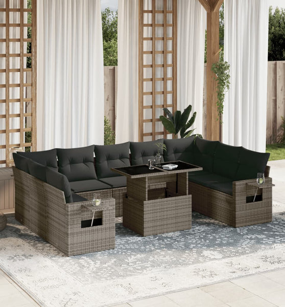 10-tlg. Garten-Sofagarnitur mit Kissen Grau Poly Rattan
