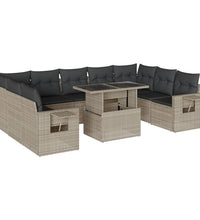 10-tlg. Garten-Sofagarnitur mit Kissen Hellgrau Poly Rattan