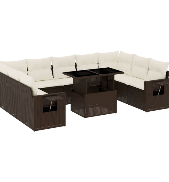 10-tlg. Garten-Sofagarnitur mit Kissen Braun Poly Rattan