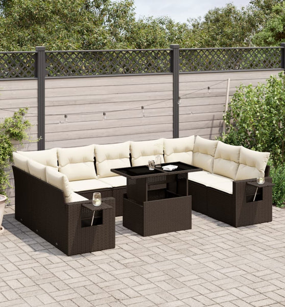 10-tlg. Garten-Sofagarnitur mit Kissen Braun Poly Rattan