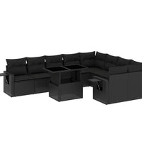 10-tlg. Garten-Sofagarnitur mit Kissen Schwarz Poly Rattan