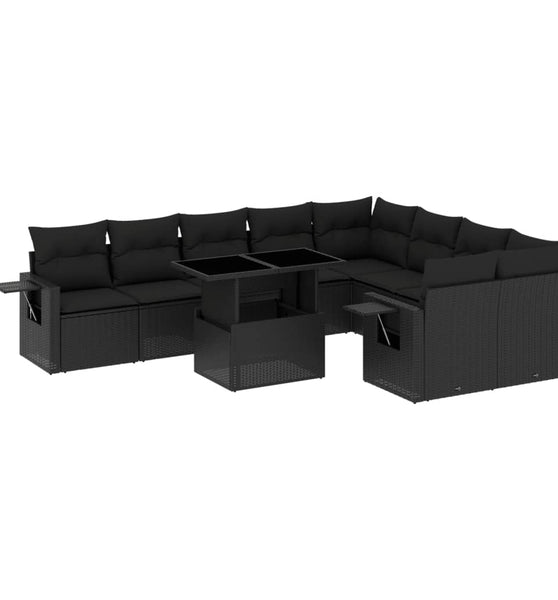 10-tlg. Garten-Sofagarnitur mit Kissen Schwarz Poly Rattan