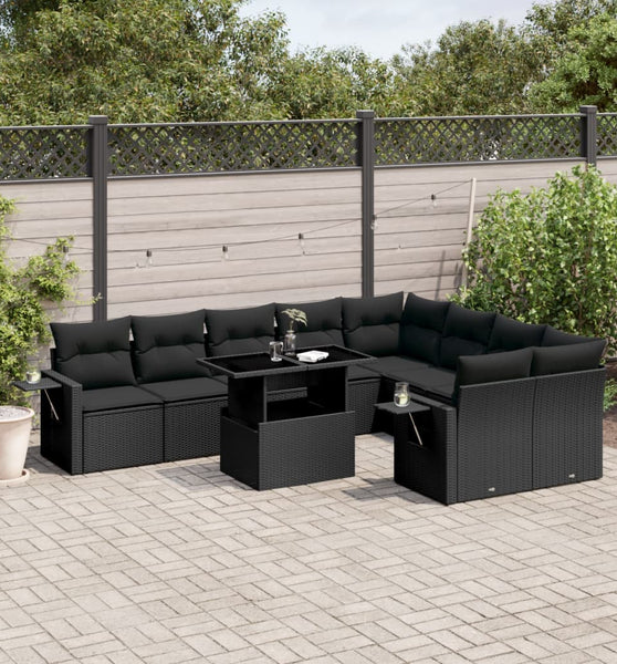 10-tlg. Garten-Sofagarnitur mit Kissen Schwarz Poly Rattan