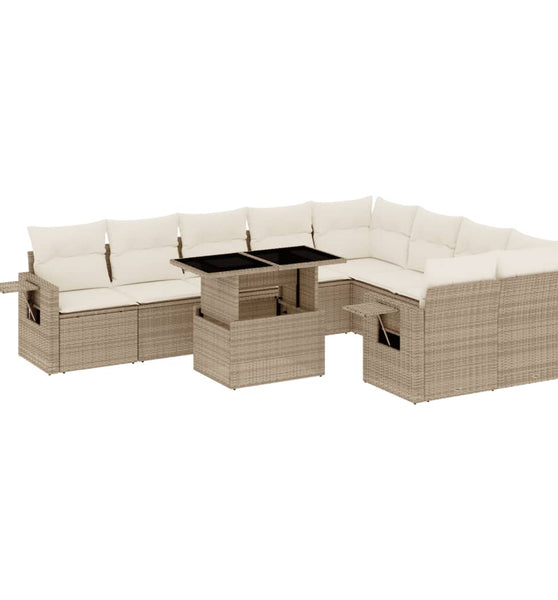 10-tlg. Garten-Sofagarnitur mit Kissen Beige Poly Rattan