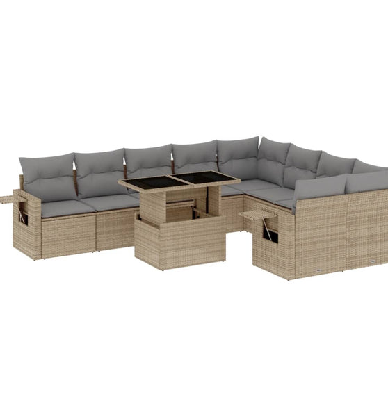 10-tlg. Garten-Sofagarnitur mit Kissen Beige Poly Rattan