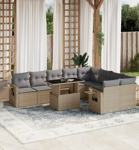 10-tlg. Garten-Sofagarnitur mit Kissen Beige Poly Rattan