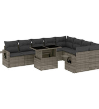 10-tlg. Garten-Sofagarnitur mit Kissen Grau Poly Rattan