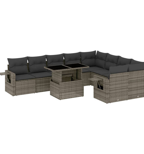 10-tlg. Garten-Sofagarnitur mit Kissen Grau Poly Rattan