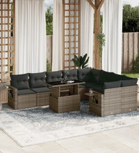 10-tlg. Garten-Sofagarnitur mit Kissen Grau Poly Rattan