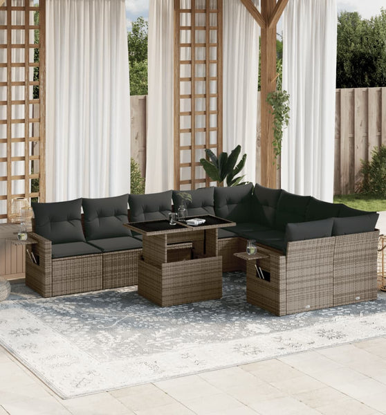 10-tlg. Garten-Sofagarnitur mit Kissen Grau Poly Rattan