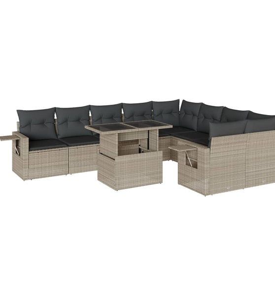 10-tlg. Garten-Sofagarnitur mit Kissen Hellgrau Poly Rattan