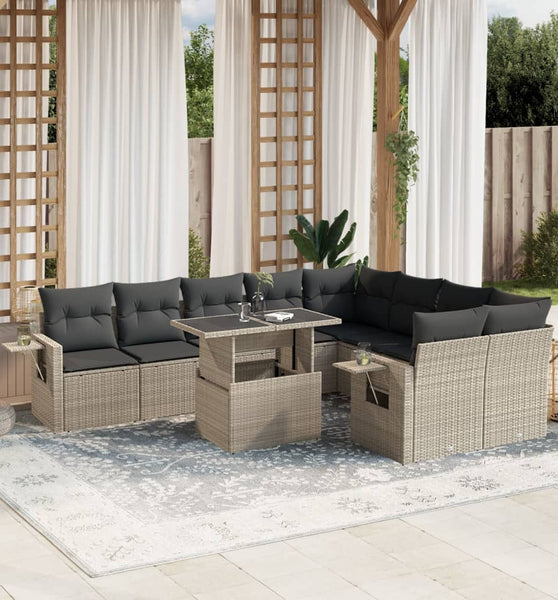 10-tlg. Garten-Sofagarnitur mit Kissen Hellgrau Poly Rattan