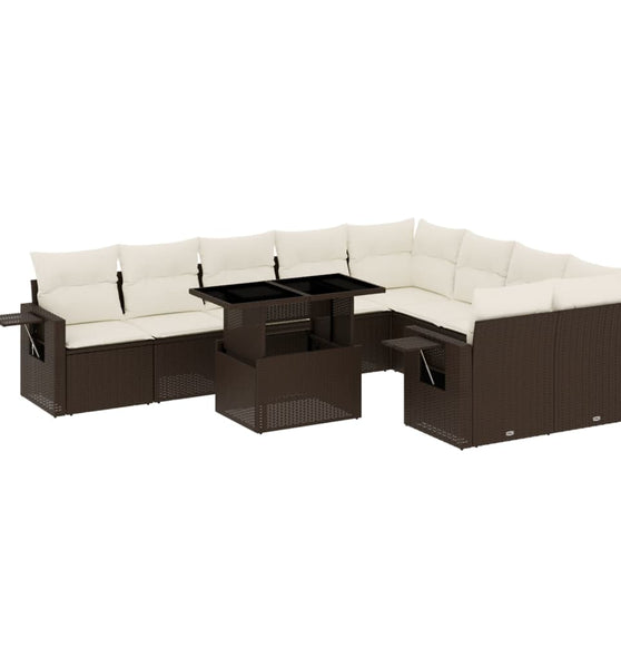 10-tlg. Garten-Sofagarnitur mit Kissen Braun Poly Rattan