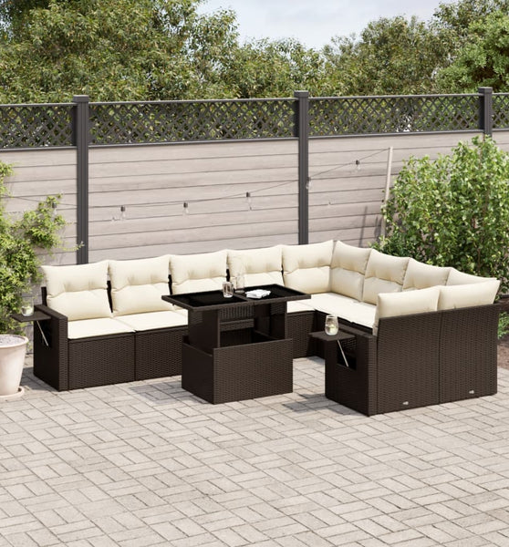 10-tlg. Garten-Sofagarnitur mit Kissen Braun Poly Rattan