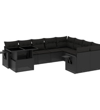 10-tlg. Garten-Sofagarnitur mit Kissen Schwarz Poly Rattan