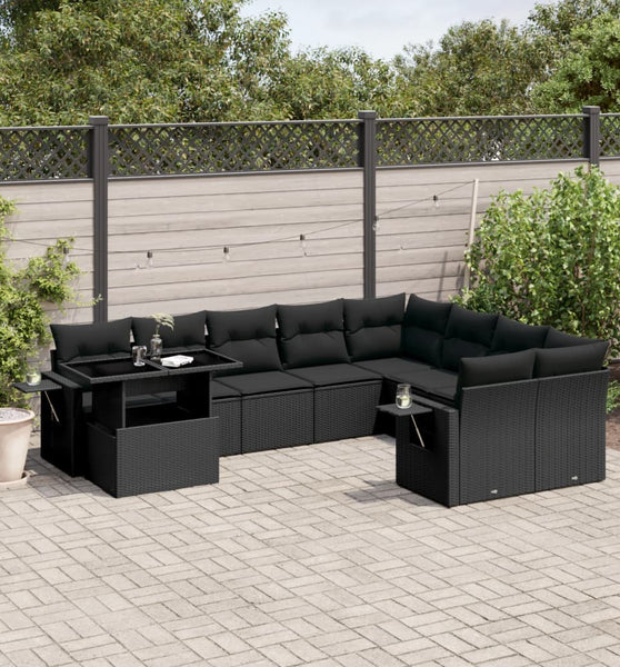 10-tlg. Garten-Sofagarnitur mit Kissen Schwarz Poly Rattan