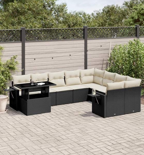 10-tlg. Garten-Sofagarnitur mit Kissen Schwarz Poly Rattan