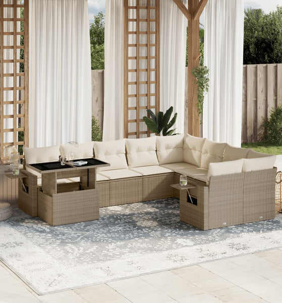 10-tlg. Garten-Sofagarnitur mit Kissen Beige Poly Rattan