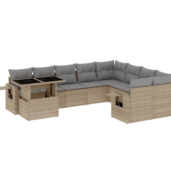 10-tlg. Garten-Sofagarnitur mit Kissen Beige Poly Rattan