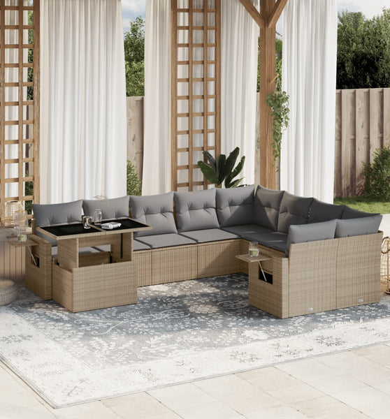10-tlg. Garten-Sofagarnitur mit Kissen Beige Poly Rattan