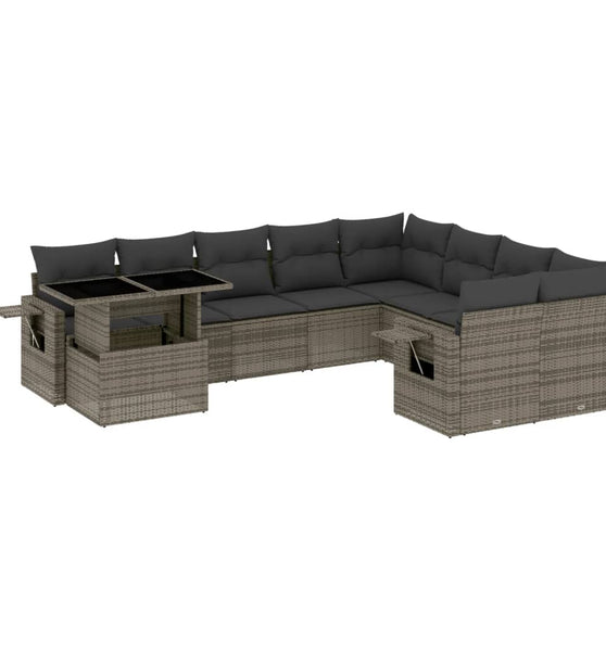 10-tlg. Garten-Sofagarnitur mit Kissen Grau Poly Rattan