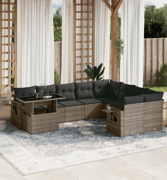10-tlg. Garten-Sofagarnitur mit Kissen Grau Poly Rattan
