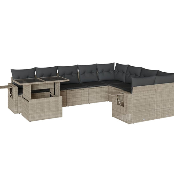 10-tlg. Garten-Sofagarnitur mit Kissen Hellgrau Poly Rattan