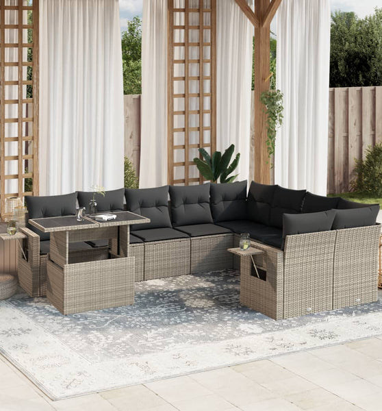 10-tlg. Garten-Sofagarnitur mit Kissen Hellgrau Poly Rattan