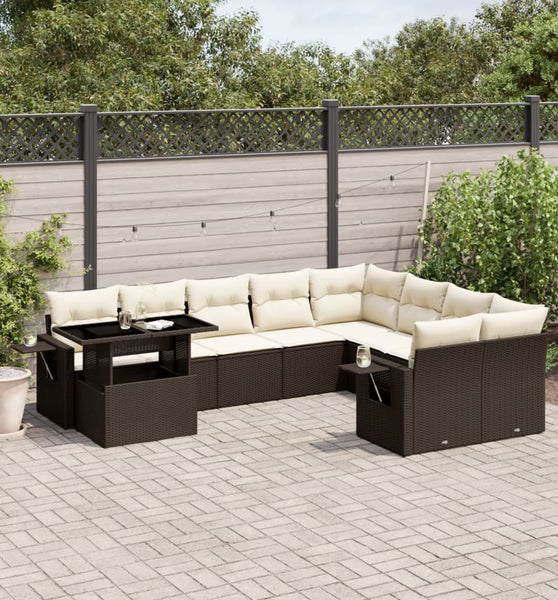 10-tlg. Garten-Sofagarnitur mit Kissen Braun Poly Rattan