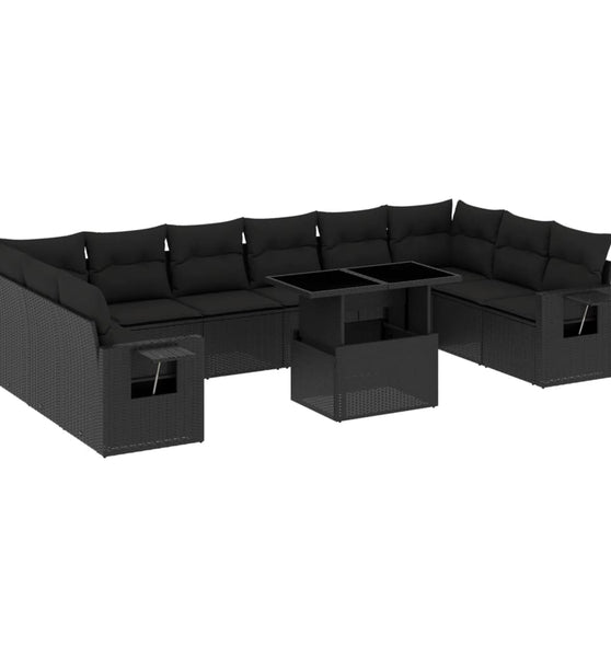 11-tlg. Garten-Sofagarnitur mit Kissen Schwarz Poly Rattan