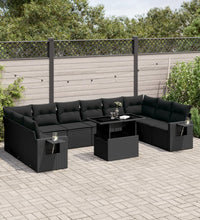 11-tlg. Garten-Sofagarnitur mit Kissen Schwarz Poly Rattan
