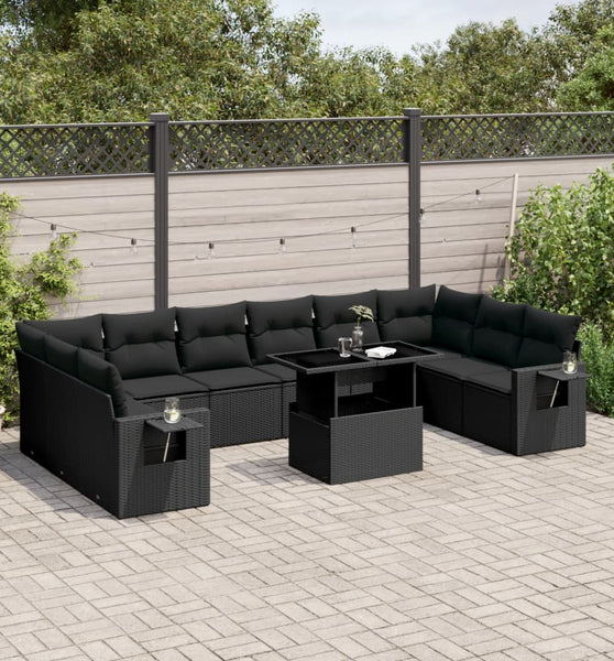 11-tlg. Garten-Sofagarnitur mit Kissen Schwarz Poly Rattan
