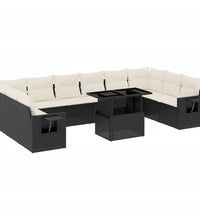 11-tlg. Garten-Sofagarnitur mit Kissen Schwarz Poly Rattan