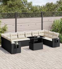 11-tlg. Garten-Sofagarnitur mit Kissen Schwarz Poly Rattan