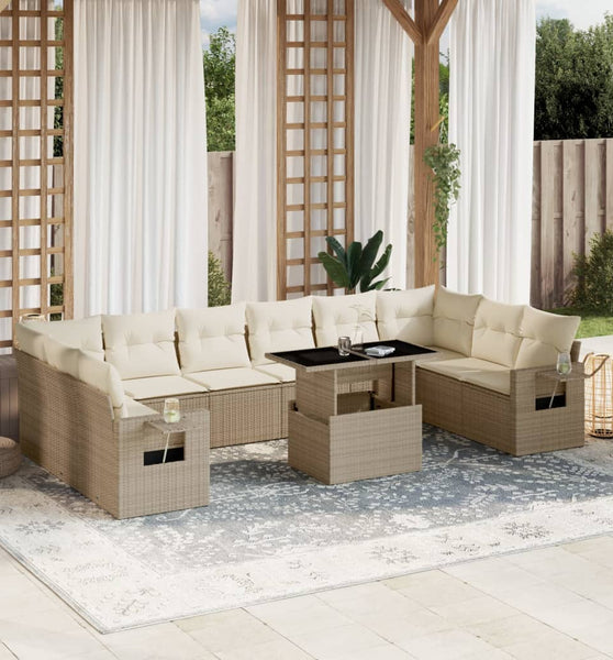 11-tlg. Garten-Sofagarnitur mit Kissen Beige Poly Rattan