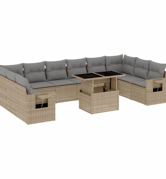 11-tlg. Garten-Sofagarnitur mit Kissen Beige Poly Rattan