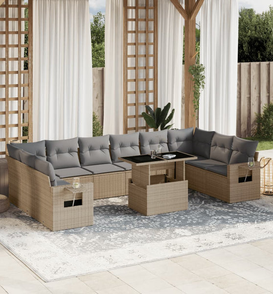 11-tlg. Garten-Sofagarnitur mit Kissen Beige Poly Rattan