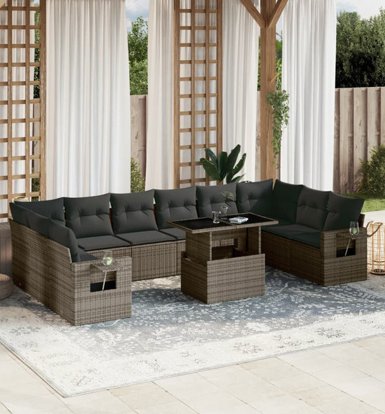 11-tlg. Garten-Sofagarnitur mit Kissen Grau Poly Rattan