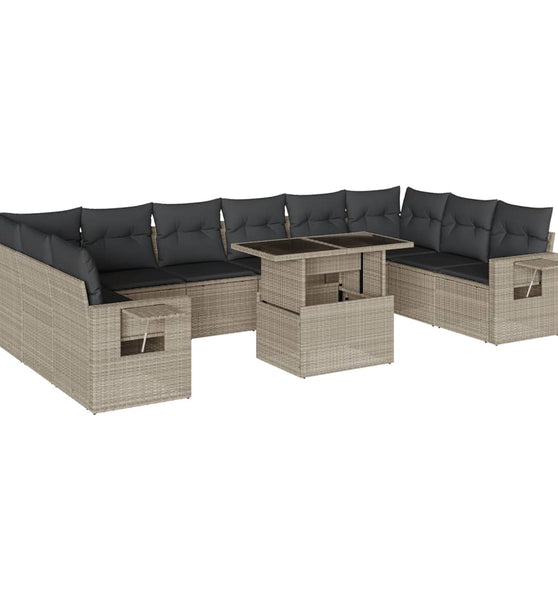 11-tlg. Garten-Sofagarnitur mit Kissen Hellgrau Poly Rattan