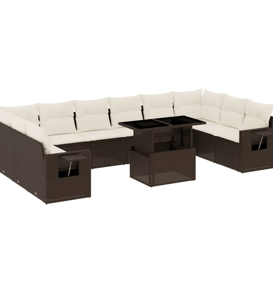11-tlg. Garten-Sofagarnitur mit Kissen Braun Poly Rattan